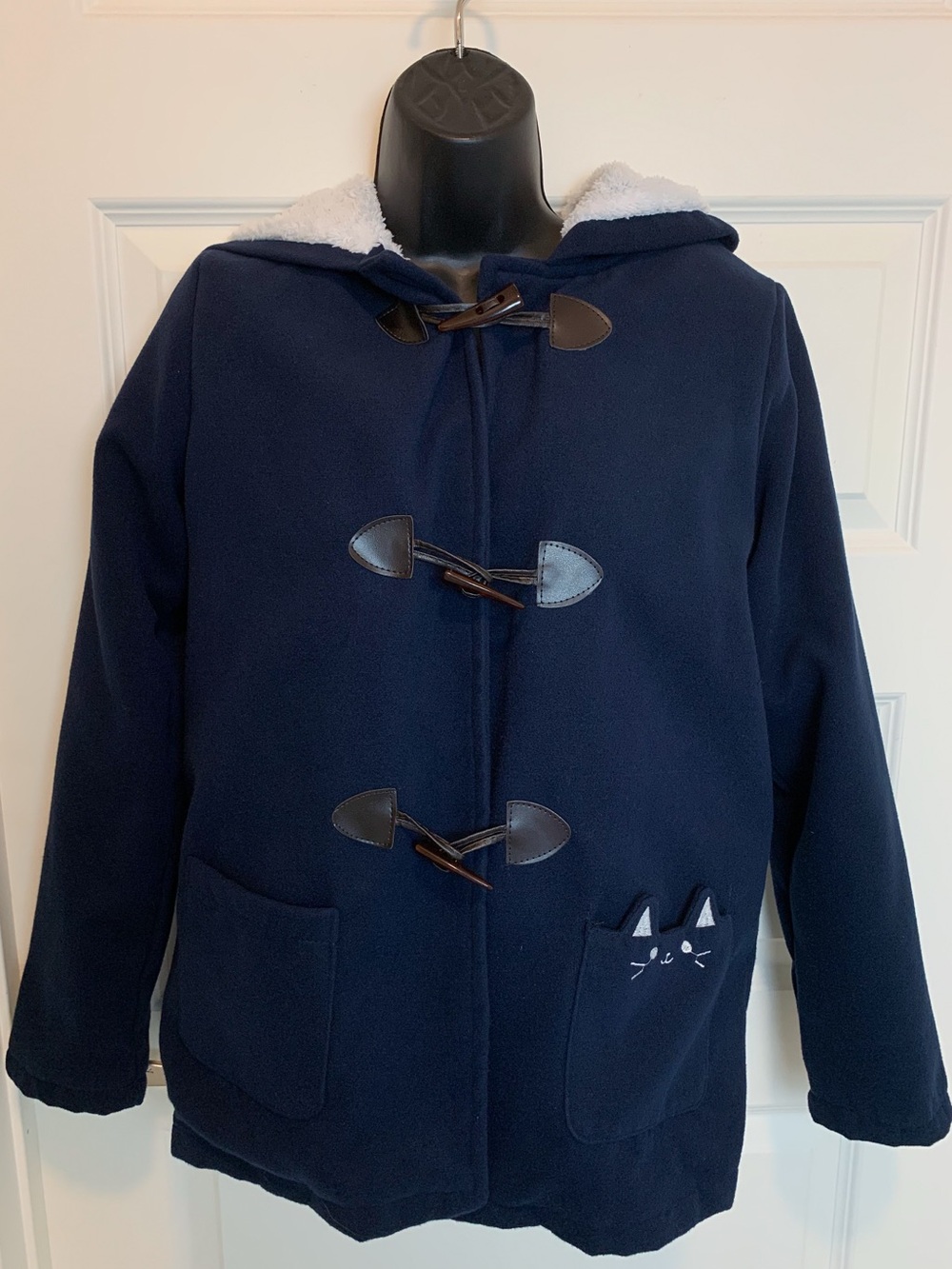 Cute Cat Ear Navy and White Hooded Duffle Coat Kawaii